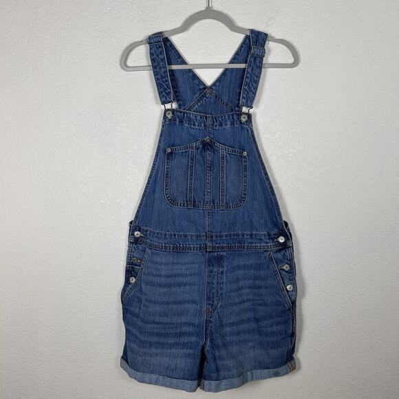 Old Navy Womens L Overall Shorts 100% Cotton Cuffed Leg Denim cottagecore fish - Picture 3 of 7